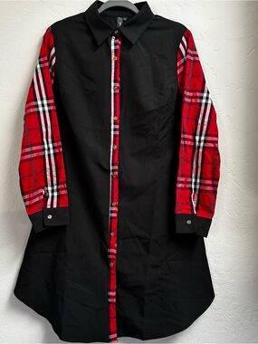 Secret Black Plaid Patchwork Button Down Midi Shirt Dress XL Mixed Media Pocket
